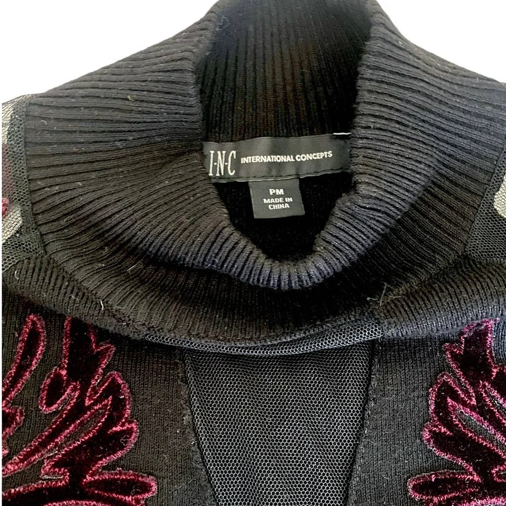 INC Flocked Velvet Illusion Black & Wine Choker Mesh Sweater Top Medium - Picture 9 of 11